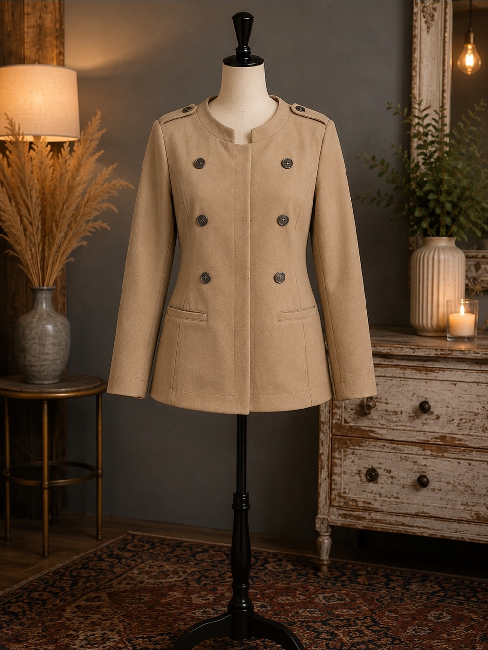 Women’s Double-Breasted Camel Faux Suede Coat